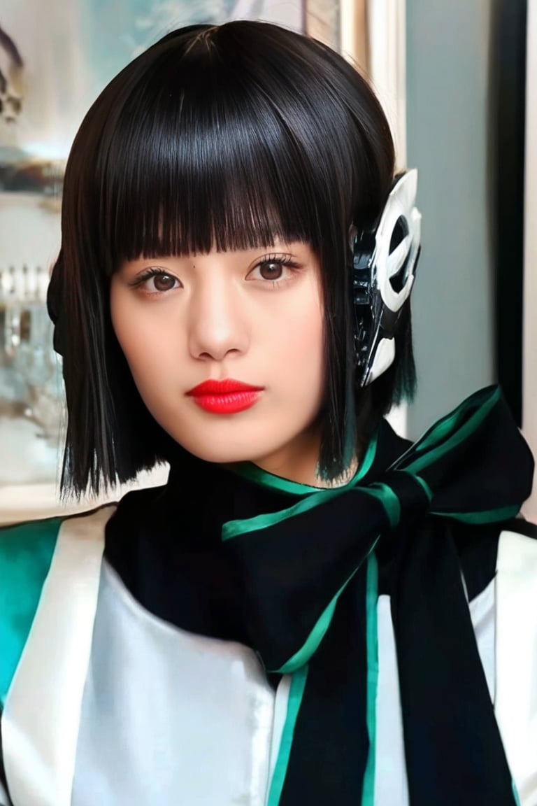 score_9, score_8_up, score_7_up, looking at viewer, short hair, black hair, bangs, lips, long sleeves, (realistic: 0,8), ribbon, best quality, high detail, 8K, white, portrait