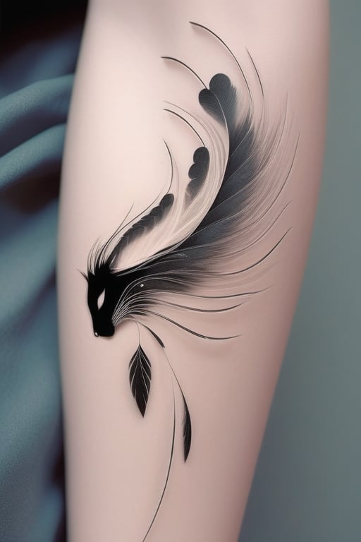 stunning blackwork cat tattoo with flowing feathers:

"The tattoo features a sleek and mysterious black cat with a slender body, arched back, and curved claws. The cat's fur is rendered in intricate, flowing black lines that evoke a sense of movement and fluidity. From the cat's neck and shoulders, delicate feathers emerge, flowing like a river of silk across the skin. The feathers are depicted in varying lengths and textures, with some appearing soft and fluffy, while others are long and sleek.

As the feathers flow away from the cat's body, they begin to morph and twist, forming organic, swirling patterns that evoke a sense of wind or water. The feathers' edges are subtle and feathery, with a soft, gradient-like transition from black to skin tone.

The cat's face is serene and enigmatic, with piercing eyes that seem to gleam in the darkness. The whiskers are long and flowing, blending seamlessly into the surrounding feathers. The overall effect is one of dynamic movement and harmony, as if the cat and feathers are united in a beautiful, ethereal dance."
