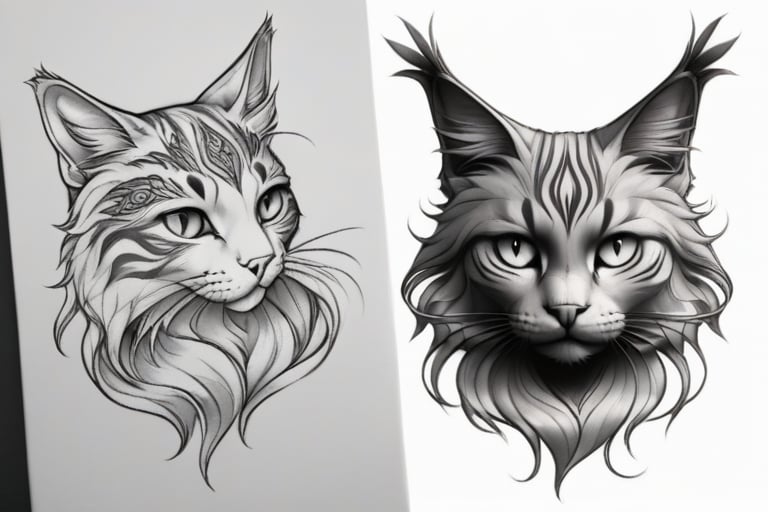 cat tattoo sketch flowing curve lines. feathers incorporated in cat furr. detailed cat face 