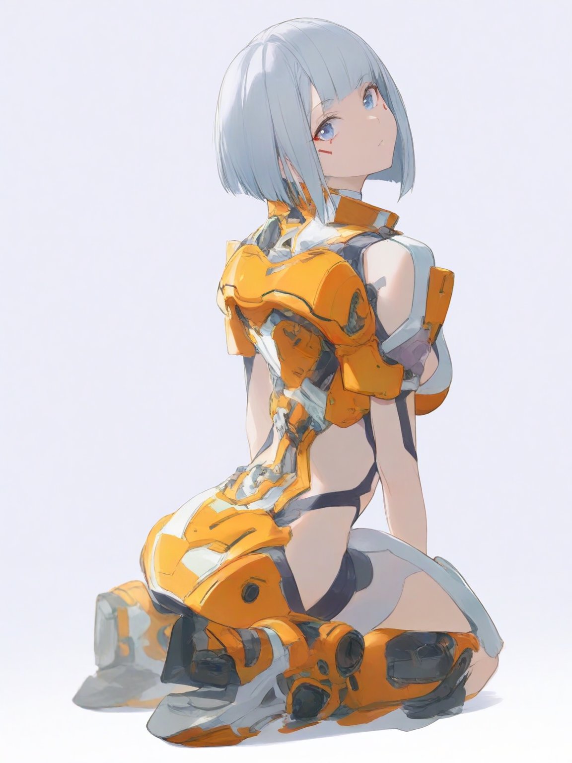 ((best quality)), ((masterpiece)), ((highly detailed)), cyberpunk, 1 Japanese girl,18 years old, (full body:1.3), head tilt, orange mechanical bikini, upper body turning back, looking over shoulder, silver bob hair, high quality, detailed, 8k resolution.white background.