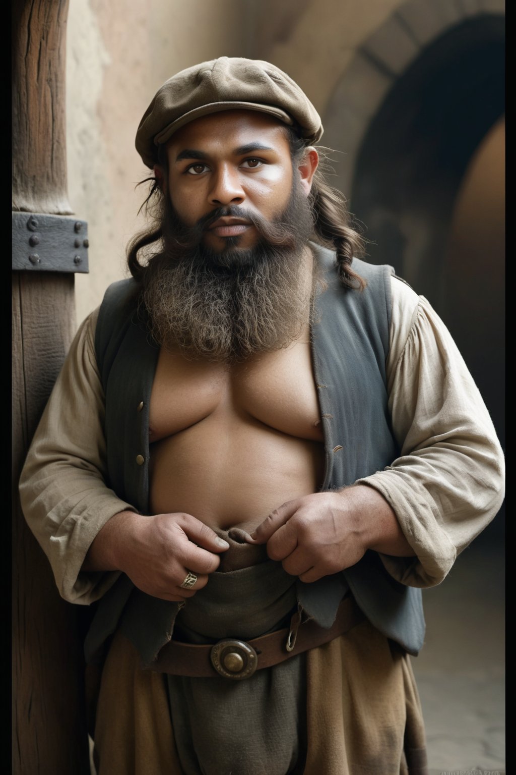 Portrait, ghetto dwarf, poor, solo, male, medieval, muscular, short, stocky, dark hair, long beard, groom, miner, dressed in muted colors