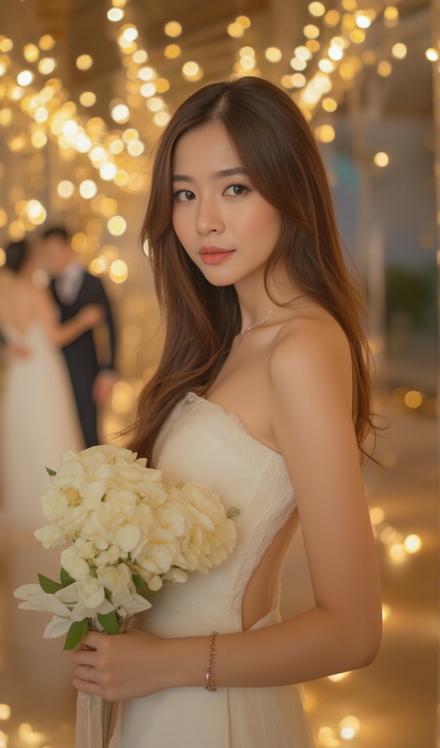 A close-up photograph of a Thai woman with long, wavy brown hair, wearing an elegant white Fiorelia evening dress. She stands in a warmly lit room filled with glowing string lights. The background shows a festive wedding scene with bright white and golden lights creating a soft bokeh effect. The bride and groom are in the background, about to cut their wedding cake. The woman, holding a large, beautifully arranged wedding bouquet in her right hand, looks directly at the camera with a slightly jealous expression, adding a playful contrast to the luxurious, celebratory atmosphere.