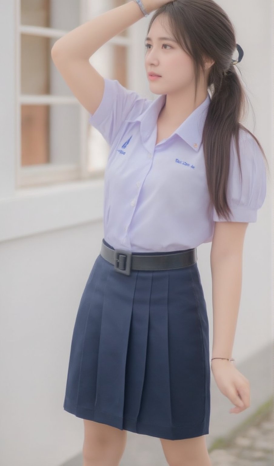 a young Asian woman age 15 with long highligh white and brown hair, wearing a white slimfit shirt and slimfit Navy blue short skirt. She is posing in front of a window, The woman's right arm is raised in the air, adding a touch of balance to her body. The backdrop is a stark white wall, with a light brown wooden door behind her.