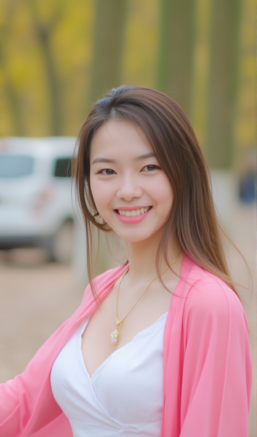 a young Asian woman with long brown hair, wearing a white dress with a pink shawl draped over her shoulders. She is smiling, her lips are slightly parted, and her eyes are slightly open. She's wearing a gold necklace with a pendant hanging from it, adding a touch of charm to her outfit. In the background, a row of trees, their leaves changing color from yellow to green, are visible. To the left of her, a white van is parked on the street.