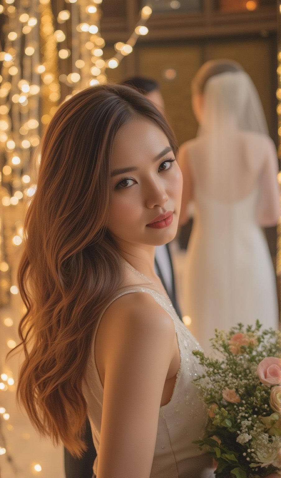 A close-up photograph of a Thai woman with long, wavy brown hair, wearing an elegant white Fiorelia evening dress. She stands in a warmly lit room filled with glowing string lights. The background shows a festive wedding scene with bright white and golden lights creating a soft bokeh effect. The bride and groom are in the background, about to cut their wedding cake. The woman, holding a large, beautifully arranged wedding bouquet in her right hand, looks directly at the camera with a slightly jealous expression, adding a playful contrast to the luxurious, celebratory atmosphere.