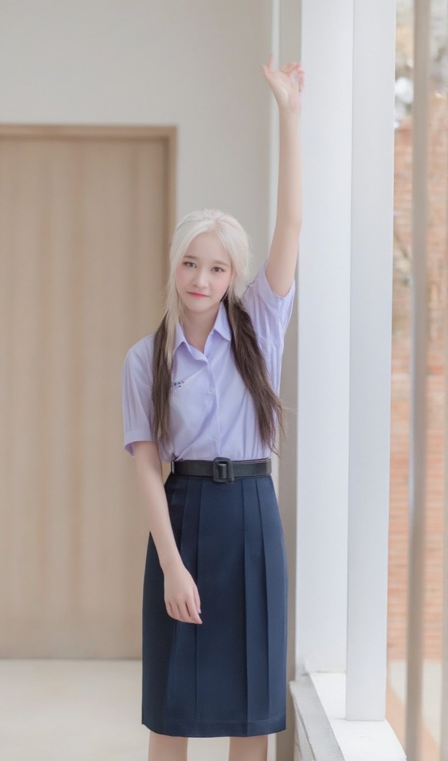 a young Asian woman age 15 with long highligh white and brown hair, wearing a white slimfit shirt and slimfit Navy blue short skirt. She is posing in front of a window, her left hand resting on her hip. The woman's right arm is raised in the air, adding a touch of balance to her body. The backdrop is a stark white wall, with a light brown wooden door behind her.