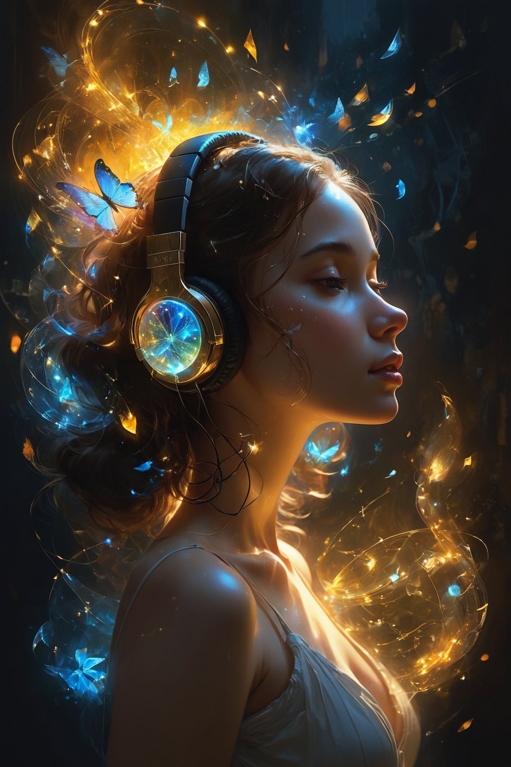 A mesmerizing portrait of a charming young woman, bathed in the warm glow of bioluminescent crystal headphones and notes. Her alluring figure is set against a dark, dreamscape magical background, where heavy brushstrokes evoke a sense of mystery. The X-ray-like transparency reveals intricate mystical aura surrounding her, as if she's conjuring up magic. Vibrant music notes swirl around her, blending with the double exposure effect to create a hyperrealistic fusion of fantasy and reality. The golden ratio guides the composition, leading the viewer's eye through a dynamic dance of light and shadow, culminating in a truly magical masterpiece.