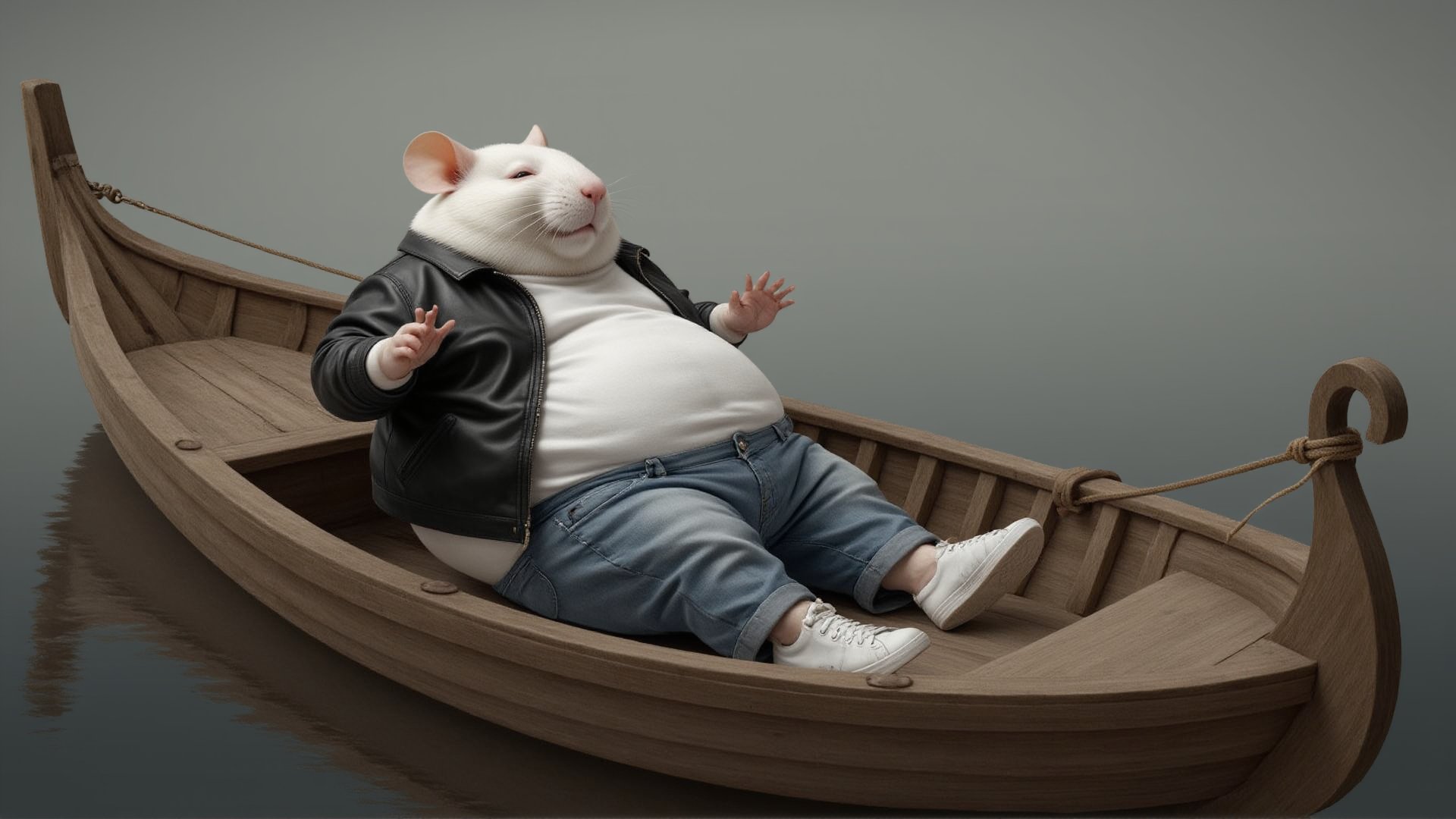 (White) (Photorealistic image) (High detail(Photorealistic image), (High quality). White fat rat with a big belly, humanoid appearance (no tail), wearing a black leather jacket, jeans and white sneakers. Lying down, sleeping on the bow Long wooden boat.