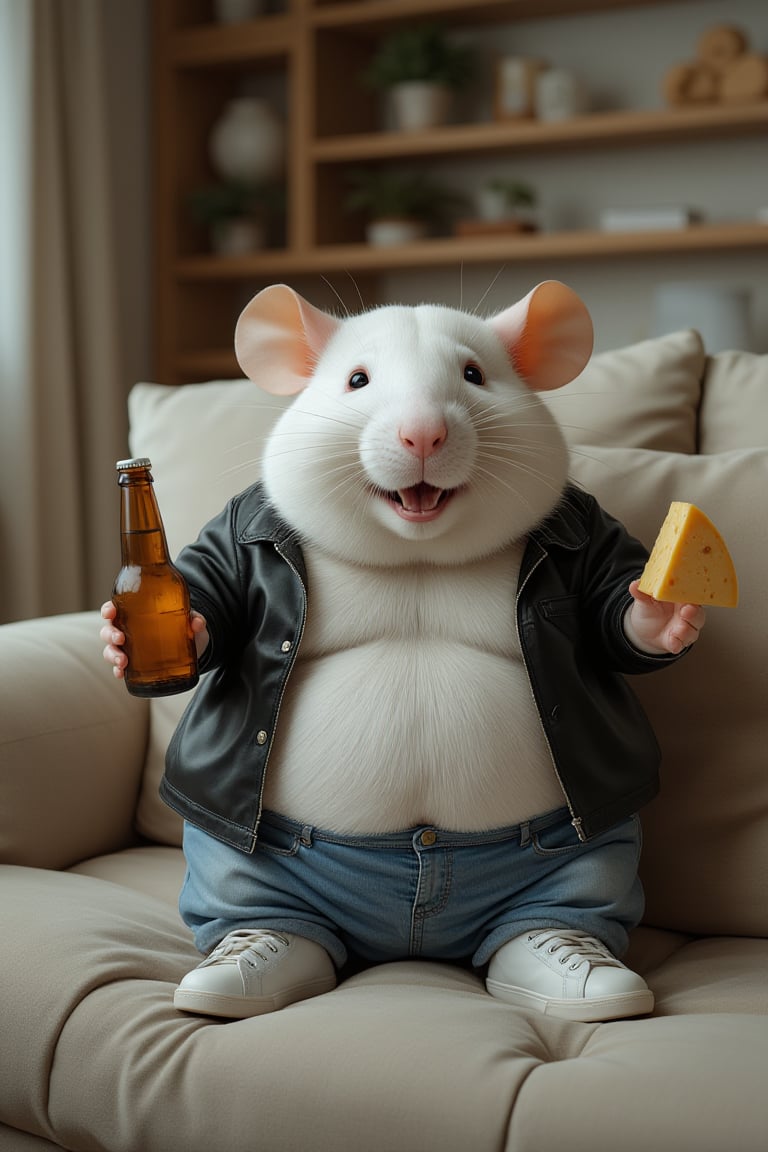 Photorealistic image of a white humanoid rat with a big belly, no tail, dressed in a black leather jacket, jeans, and white sneakers. The rat has a cheerful expression, sitting on a soft sofa, holding an open bottle of beer and a piece of Dutch cheese. In a living room background. High resolution, 4K quality, hyperrealistic, raw image, unpolished filter, depth of field. Shot with a Canon EF 100-400mm f/4.5 lens on Fujifilm Pro 400H film.