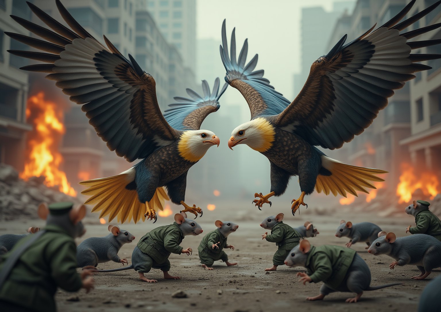 Formidable and powerful large eagles with yellow-blue plumage menacingly dive at gray pathetic rats in green military uniforms scurrying in different directions, against the backdrop of a destroyed city, fire and smoke, (hyperrealistic, raw image, raw filters, depth of field, Loft), (Canon EF 100-400mm f/ 4.5, Fujifilm Pro 400H)