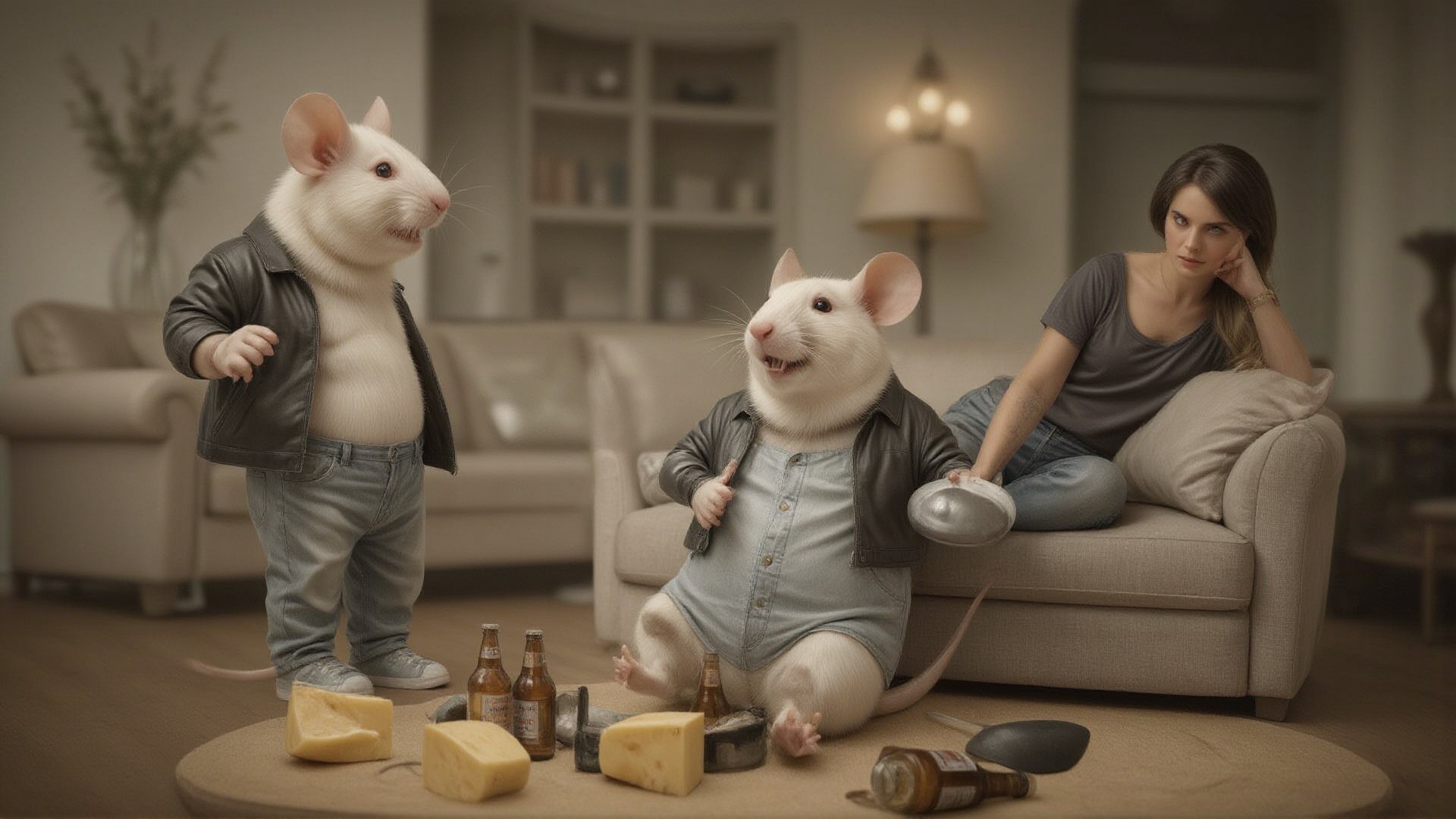 Photorealistic image of a white humanoid rat with a big belly, no tail, wearing a black leather jacket, jeans and white sneakers. The rat has a cheerful expression on its face, it lies drunk on its back, belly up, near the sofa. There are many empty beer bottles and pieces of Dutch cheese scattered around. A woman is standing next to it, slightly bent over. The woman has black hair with a long bob hairstyle and a very stern expression on her face. The woman is wearing a dress. One of the woman's hands is on her bidr, in the other hand, she is holding a large frying pan. In the background is a living room. High resolution, 4K quality, hyperrealistic, raw image, unpolished filter, depth of field. Shot with a Canon EF 100-400mm f/4.5 lens on Fujifilm Pro 400H film.