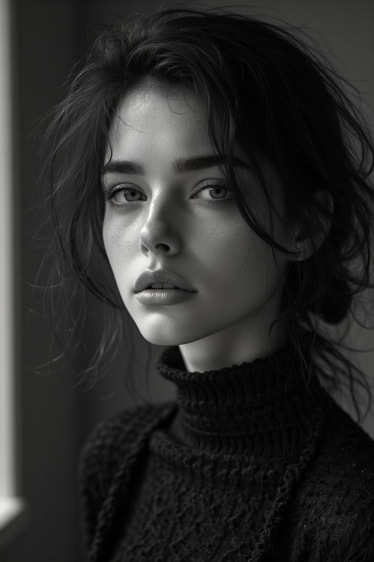 Genera un retrato en blanco y negro, inspirado en el estilo fotográfico de Peter Lindbergh, de una mujer joven mirando directamente a la cámara con una expresión íntima y profunda. La **iluminación** debe ser suave y natural, evitando perfección exagerada, y enfocándose en capturar la esencia humana y la belleza natural de la mujer. Las sombras y luces deben acentuar las líneas y texturas del rostro, destacando su expresión emocional y vulnerable. El rostro de la mujer está desprovisto de maquillaje o con un toque muy sutil, resaltando la autenticidad y la imperfección que Lindbergh valoraba en sus retratos.

Los **detalles precisos** incluyen una mirada profunda, con ojos que transmiten historia, fuerza y fragilidad al mismo tiempo. Su cabello está ligeramente despeinado, cayendo de manera descuidada alrededor de su rostro, dándole un aspecto natural y sin artificios. La expresión de sus labios es relajada, con una leve separación que añade un toque de naturalidad y espontaneidad. La textura de su piel, con todas sus pequeñas imperfecciones, poros y arrugas sutiles, debe ser capturada fielmente, realzando la belleza real sin retoques ni filtros.

El **fondo** es simple y desenfocado, típicamente neutro, con tonos de gris que no distraen la atención del rostro. La imagen utiliza una profundidad de campo mínima, con un enfoque absoluto en el rostro de la mujer y el resto en un suave desenfoque. El blanco y negro debe estar lleno de contrastes suaves, pero sin perder la delicadeza de las sombras, creando un ambiente crudo, emocional y lleno de vida.

Asegúrate de que la imagen **transmita una sensación de humanidad, autenticidad y conexión emocional**, características clave del trabajo de Peter Lindbergh. La mujer debe parecer fuerte pero accesible, mostrando su belleza sin la necesidad de adornos, con una conexión directa entre su mirada y el espectador.

Los **elementos adicionales** son mínimos, con toda la atención en el rostro y la expresión de la mujer. La imagen debe ser extremadamente detallada, con un enfoque en el realismo emocional, capturando la intimidad de la interacción con la cámara en un estilo clásico y atemporal.
