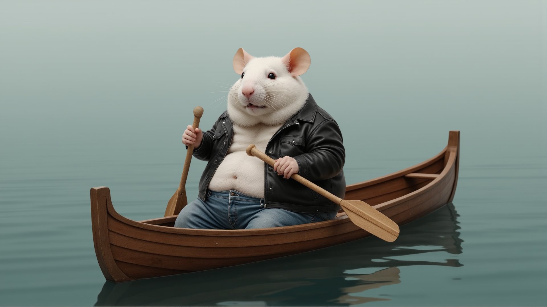 (White), (photorealistic image), (high detail), (high quality). White fat rat of humanoid appearance with a big belly, (without tail), dressed in a leather black jacket, jeans. Sits in a long wooden boat, in his hands he holds oars, with which he rows in the water. The camera focuses on the boat and the rat only from the side. High resolution, super - detail, 4K quality, realistic style (high detail), (hyperrealistic, raw image, unpolished filter, depth of field, loft), (Canon EF 100-400mm f / 4.5, Fujifilm Pro 400H)