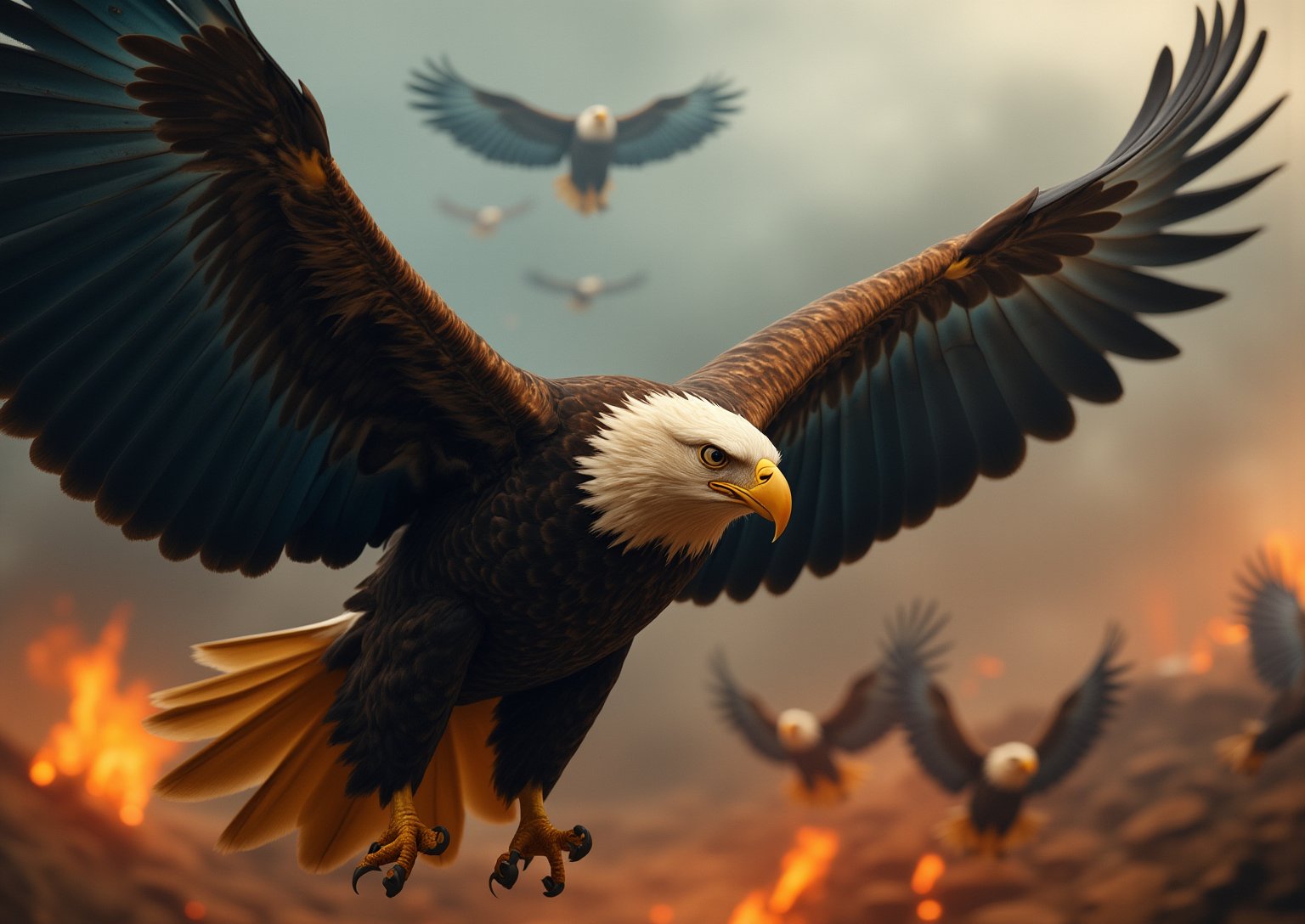 A large flock of menacing, powerful and very large eagles. The eagles have fantastic feathers, bright blue and yellow. They soar menacingly above the burning earth. The camera looks at a large flock of eagles in close-up, (hyperrealistic, raw image, raw filters, depth of field, Loft), (Canon EF 100-400mm f / 4.5, Fujifilm Pro 400H)