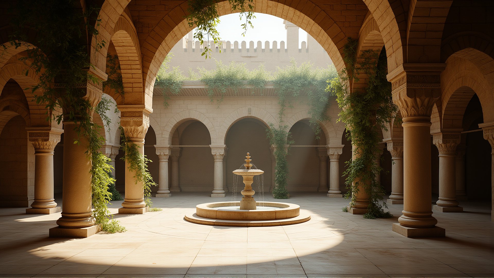 (photorealistic image), (high detail), the scene shows the inner courtyard of the palace, style (Middle East 12th century). in the center of the stage there is a platform with a fountain. Ivy grows in places. (daylight from the front), (hyperrealistic, raw image, raw filter, depth of field, loft), (Canon EF 100-400mm f/4.5, Fujifilm Pro 400H)