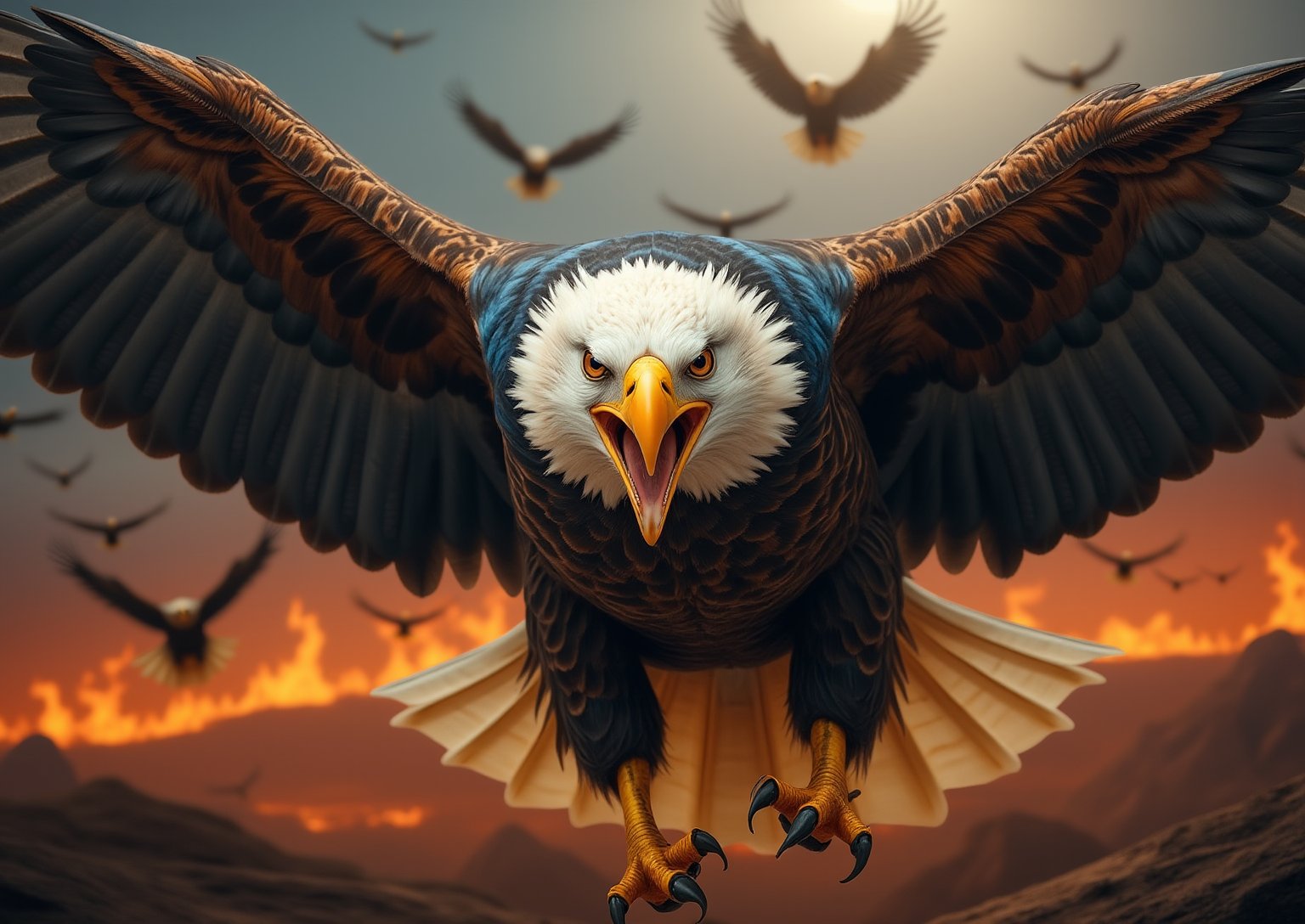 A large flock of menacing, powerful and very large eagles. The eagles have fantastic feathers, bright blue and yellow. They soar menacingly above the burning earth. The camera looks at a large flock of eagles in close-up, (hyperrealistic, raw image, raw filters, depth of field, Loft), (Canon EF 100-400mm f / 4.5, Fujifilm Pro 400H)