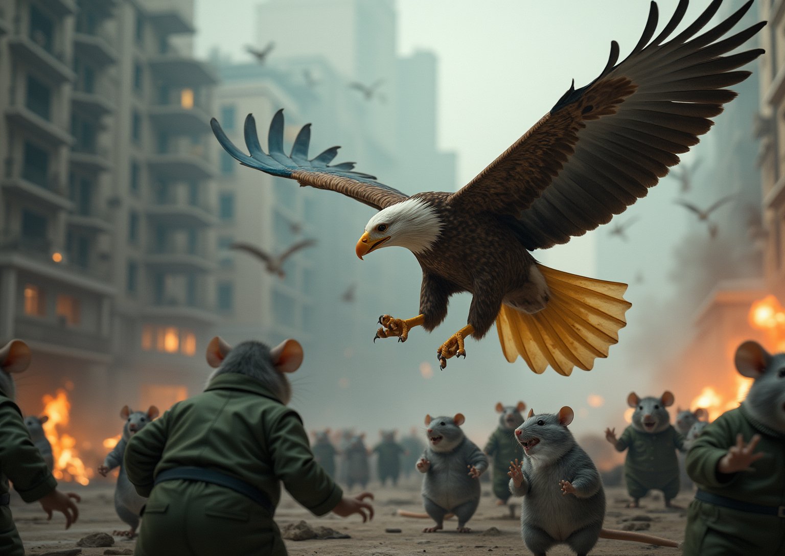 A large flock of menacing, powerful and very large eagles with yellow-blue plumage menacingly dive at gray pathetic rats in green military uniforms scurrying in different directions, against the backdrop of a destroyed city, fire and smoke, (hyperrealistic, raw image, raw filters, depth of field, Loft), (Canon EF 100-400mm f/ 4.5, Fujifilm Pro 400H)