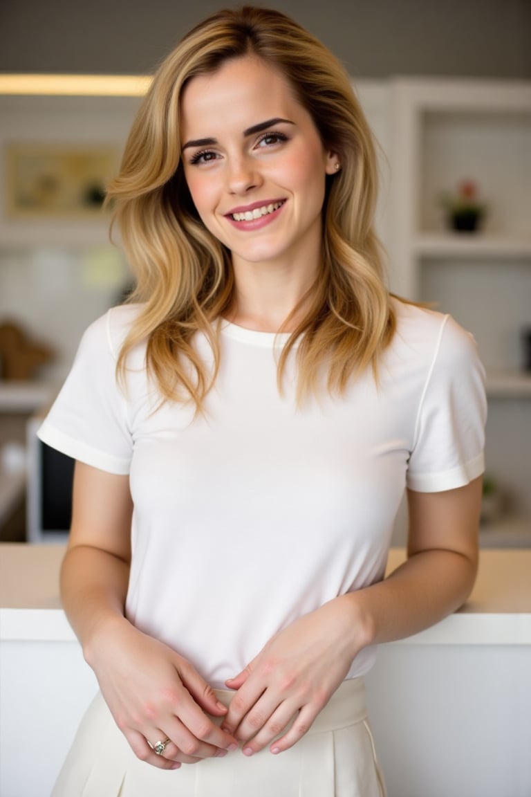 [ a  photo of hot Emma Watson   ] 

(  Her physique is  tall, sexy,well groomed . She has   broad shoulders. Her skin is extremely pale white Her skin is healthy glowing and have a mature texture )

She is bit  mature and 45 years old 

The photo captures a woman with a soft, natural beauty that shines through without any visible makeup, highlighting her fresh and authentic look. Her skin has a smooth texture and a fair, even tone, which is illuminated by gentle lighting, adding a warmth to her complexion. Her hair, a light brown shade with subtle highlights, falls gently over her shoulders in soft waves. It has a slightly tousled, effortless look, complementing her relaxed appearance and adding depth to her features.

Her expression is serene and slightly shy, with her eyes closed and a gentle smile on her face. This expression gives her an endearing, approachable quality and suggests a sense of contentment or inner peace. Her body language is relaxed, as she leans slightly to one side, creating an impression of comfort and ease.

The lighting in the photo is soft and diffused, casting a gentle glow over her, which enhances the natural tones of her skin and hair. The soft lighting also helps create a warm, inviting atmosphere, drawing attention to her relaxed expression and natural appearance. The photo has a candid, intimate feel, capturing her in a moment of peacefulness.

a blonde woman stands in front of a white counter, her left hand resting on the counter's edge. She is wearing a white short-sleeved t-shirt, a white skirt, and black and white leopard print high-heeled sandals. Her hair is styled in a short bob, and she is smiling. 

The lighting in the photo is soft and even, likely natural light, which casts a gentle glow on her face without creating any harsh shadows. The subtle lighting highlights her natural features without adding artificial glamour. This photo feels like a candid or posed moment, taken in a controlled environment, giving it a highly photorealistic quality that captures her authentic, natural beauty.


[ no make-up ]

( Insanely detailed skin texture. Photorealistic. Depth of field. Make sure to make The Female Character  overly sexualized  )