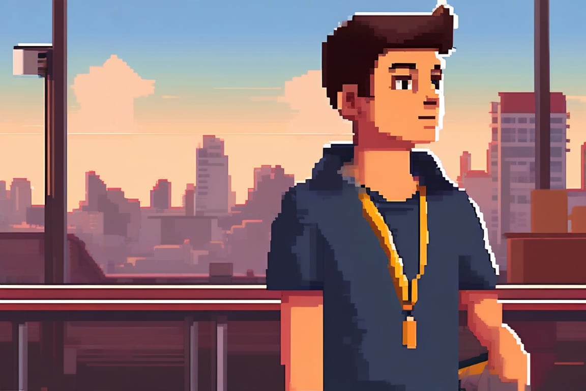 A pixel art image of A character in which the story of a small town boy who graduated from high school and could not go to university due to financial difficulties becomes rich by becoming a free trader is told