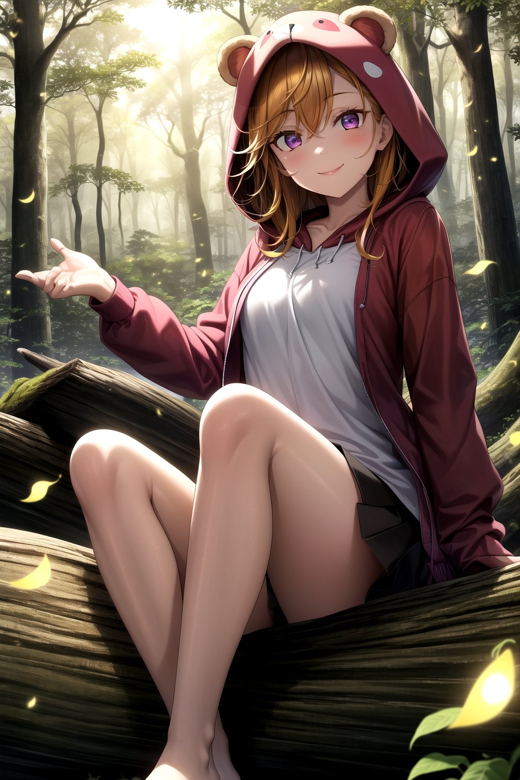 (masterpiece, best quality, ultra-detailed), (illustration), (beautiful detailed eyes), 1girl, solo, 1 girl seeing the horizon, landscape, wallpaper, shibuya kanon, purple eyes, orange hair, médium hair, (baby face, young face, cute face), medium hair, sitting on log, log, hoodie, bear hoodie, fur hoodie, bear hood, open hoodie, camisole ,long camisole:1, no shoes, light smile, 8k, outdoors, forest, magic forest, dappling sunlight, fireflies, light particles, iluminated by fireflies, 