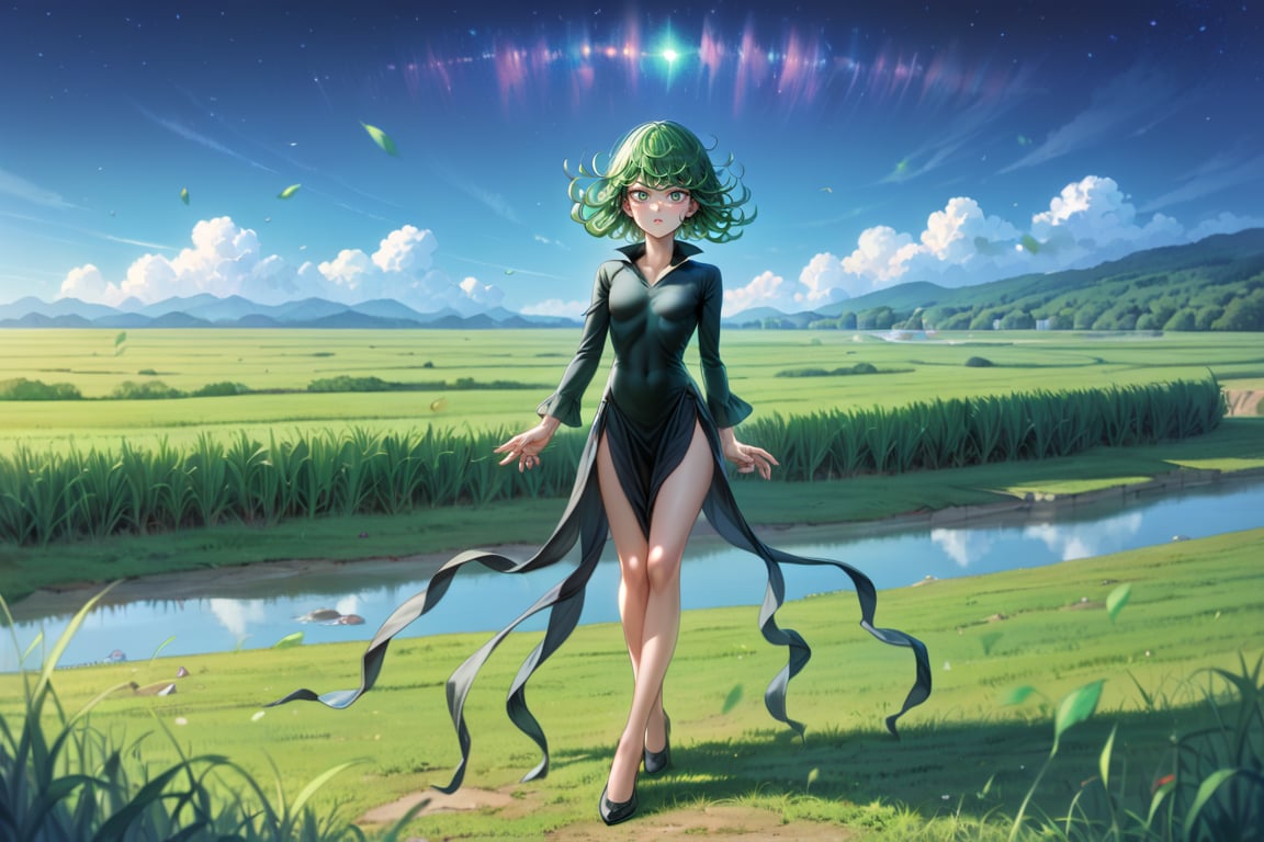 score_9, score_8_up, score_7_up, (((((full body))))), (((((fair skin))))), green eyes, green hair, black dress, short hair, tatsumaki, Tatsumaki171, long sleeves, (((slim body))), masterpiece, best quality, anime, anatomically accurate, detailed face, pretty face, extremely detailed face, ((((1girl)))), (((short hair))), ((green hair)), (((long legs))), (small breasts), big and expressive eyes, mesmerizing hair, (Perfect hands and fingers very well detailed), full body photo, (((grass field))), (((grass hill slope))), ((night)), ((starry sky)), reflection in the eye, red eyes, anime, Anime Style, cinematic lighting, ray tracing, panorama, Sony FE, high definition, artwork, Anatomically Correct, Textuvermelho Skin, super detail, high quality, high resolution, high definition