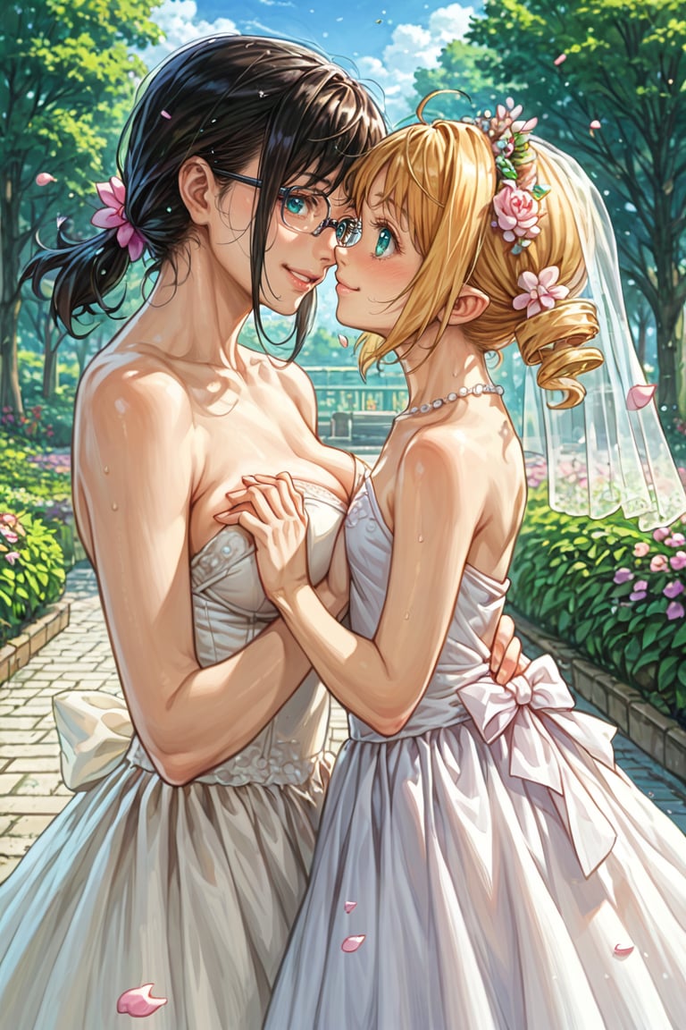  score_9, score_8_up, score_7_up, ((2girls)), (multiple girls, 2girls,), (height difference)), (((wedding dress))), ((((garden)))), ((sakura trees)),  ((sakura petals in air)), (kissingg)), (((full_body view))), 2_girls, happy face, BREAK first girl is cattleya, tall girl, mature female, long hair, black hair, low ponytail, blue eyes, swept bangs, glasses, BREAK second girl is ymir, short girl, aqua eyes, blonde, medium hair, twintails, pointy ears, twintails, drill hair, BREAK frist girl kiss second girl