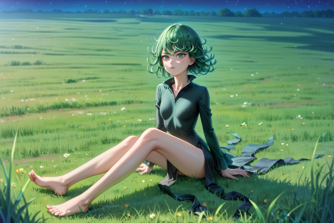 score_9, score_8_up, score_7_up, (((((full body))))), (((((fair skin))))), green eyes, green hair, black dress, short hair, tatsumaki, Tatsumaki171, long sleeves, (((slim body))), masterpiece, best quality, anime, anatomically accurate, detailed face, pretty face, extremely detailed face, ((((1girl)))), (((short hair))), ((green hair)), (((long legs))), (small breasts), big and expressive eyes, mesmerizing hair, (Perfect hands and fingers very well detailed), full body photo, (((grass field))), (((grass hill slope))), ((night)), ((starry sky)), reflection in the eye, red eyes, anime, Anime Style, cinematic lighting, ray tracing, panorama, Sony FE, high definition, artwork, Anatomically Correct, Textuvermelho Skin, super detail, high quality, high resolution, high definition