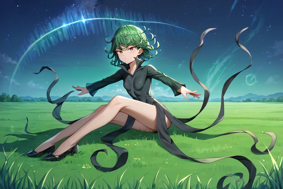 score_9, score_8_up, score_7_up, (((((full body))))), (((((fair skin))))), green eyes, green hair, black dress, short hair, tatsumaki, Tatsumaki171, long sleeves, (((slim body))), masterpiece, best quality, anime, anatomically accurate, detailed face, pretty face, extremely detailed face, ((((1girl)))), (((short hair))), ((green hair)), (((long legs))), (small breasts), big and expressive eyes, mesmerizing hair, (Perfect hands and fingers very well detailed), full body photo, (((grass field))), (((grass hill slope))), ((night)), ((starry sky)), reflection in the eye, red eyes, anime, Anime Style, cinematic lighting, ray tracing, panorama, Sony FE, high definition, artwork, Anatomically Correct, Textuvermelho Skin, super detail, high quality, high resolution, high definition