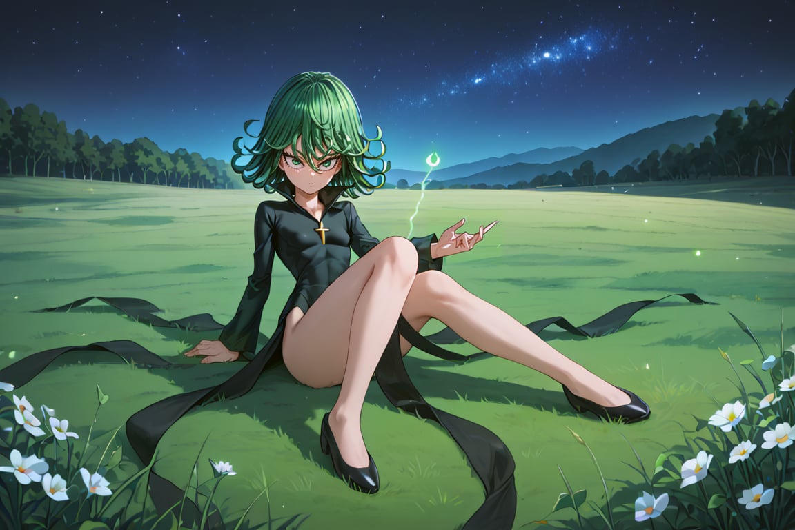 score_9, score_8_up, score_7_up, (((((full body))))), (((((fair skin))))), green eyes, green hair, black dress, short hair, tatsumaki, Tatsumaki171, long sleeves, (((slim body))), masterpiece, best quality, anime, anatomically accurate, detailed face, pretty face, extremely detailed face, ((((1girl)))), (((short hair))), ((green hair)), (((long legs))), (small breasts), big and expressive eyes, mesmerizing hair, (Perfect hands and fingers very well detailed), full body photo, (((grass field))), (((grass hill slope))), ((night)), ((starry sky)), reflection in the eye, red eyes, anime, Anime Style, cinematic lighting, ray tracing, panorama, Sony FE, high definition, artwork, Anatomically Correct, Textuvermelho Skin, super detail, high quality, high resolution, high definition