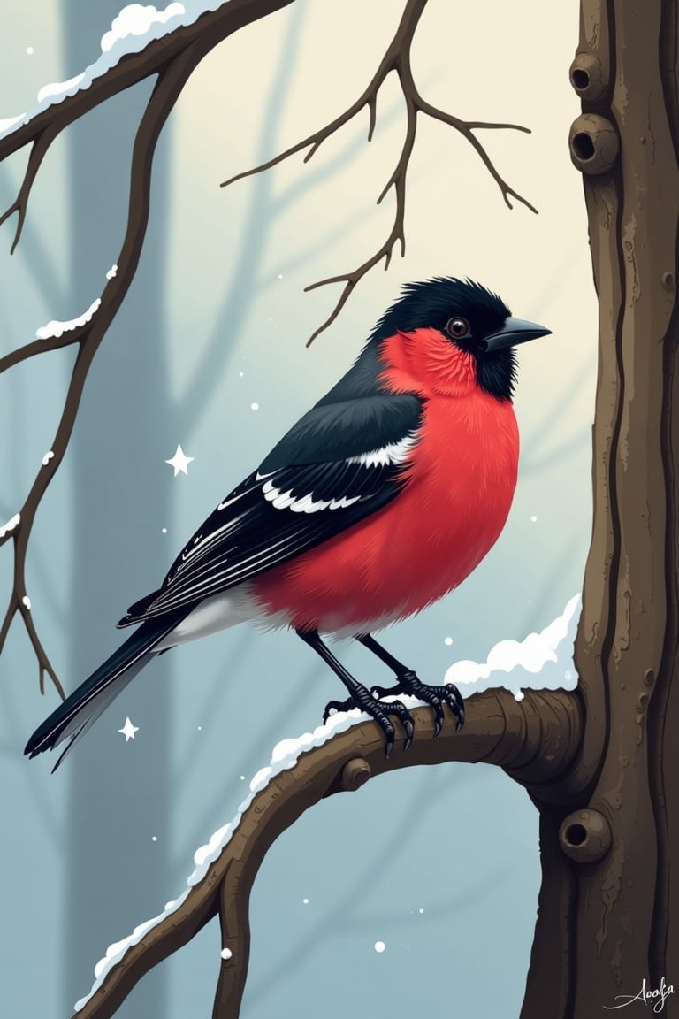 score_9, score_8_up, score_7_up, (((1bird))), (((winter forest))), (((ruffled bullfinch))), 