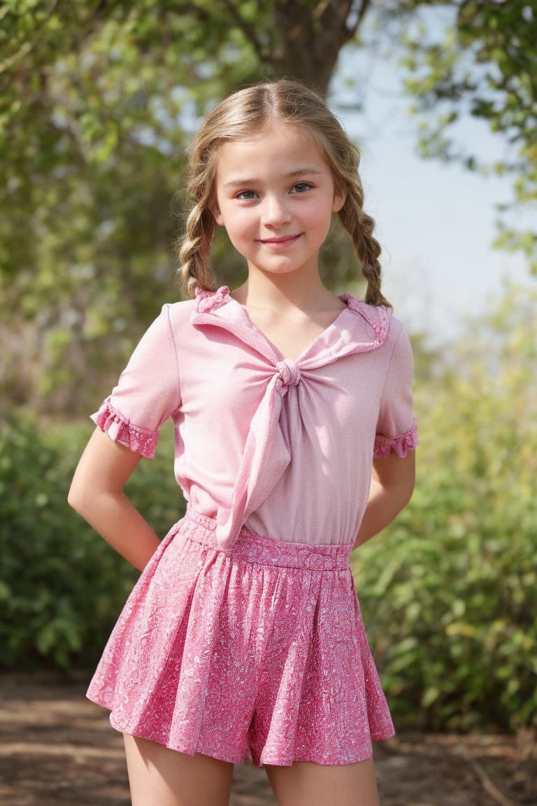 A snapshot of innocence and allure, a 12-year-old tween girl radiates youthful charm, her slim figure draped in colorful, childishly alluring clothing reminiscent of the 1950s-60s. Her short hair is tied with braids, legs open, conveying an air of playful vulnerability. The camera zooms in on her beautiful face, showcasing ultra-detailed eyes that sparkle like a sunny day. In this full-body shot, her petite frame and casual wear belie her early ripeness, as if she's already a woman, yet still retains the unsullied innocence of childhood.