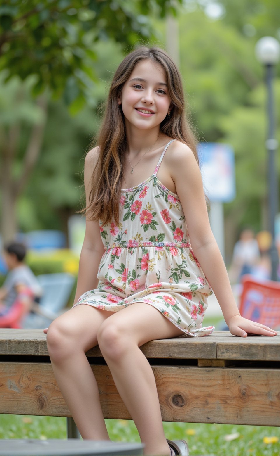 "Chloe, a 12-year-old with a petite and adorable frame, sitting joyfully at the bench. Seated with her legs spread out, her playful dress  has shifted, revealing a hint of her cute underwear. Chloe’s lively and enthusiastic nature adds to the fun atmosphere."