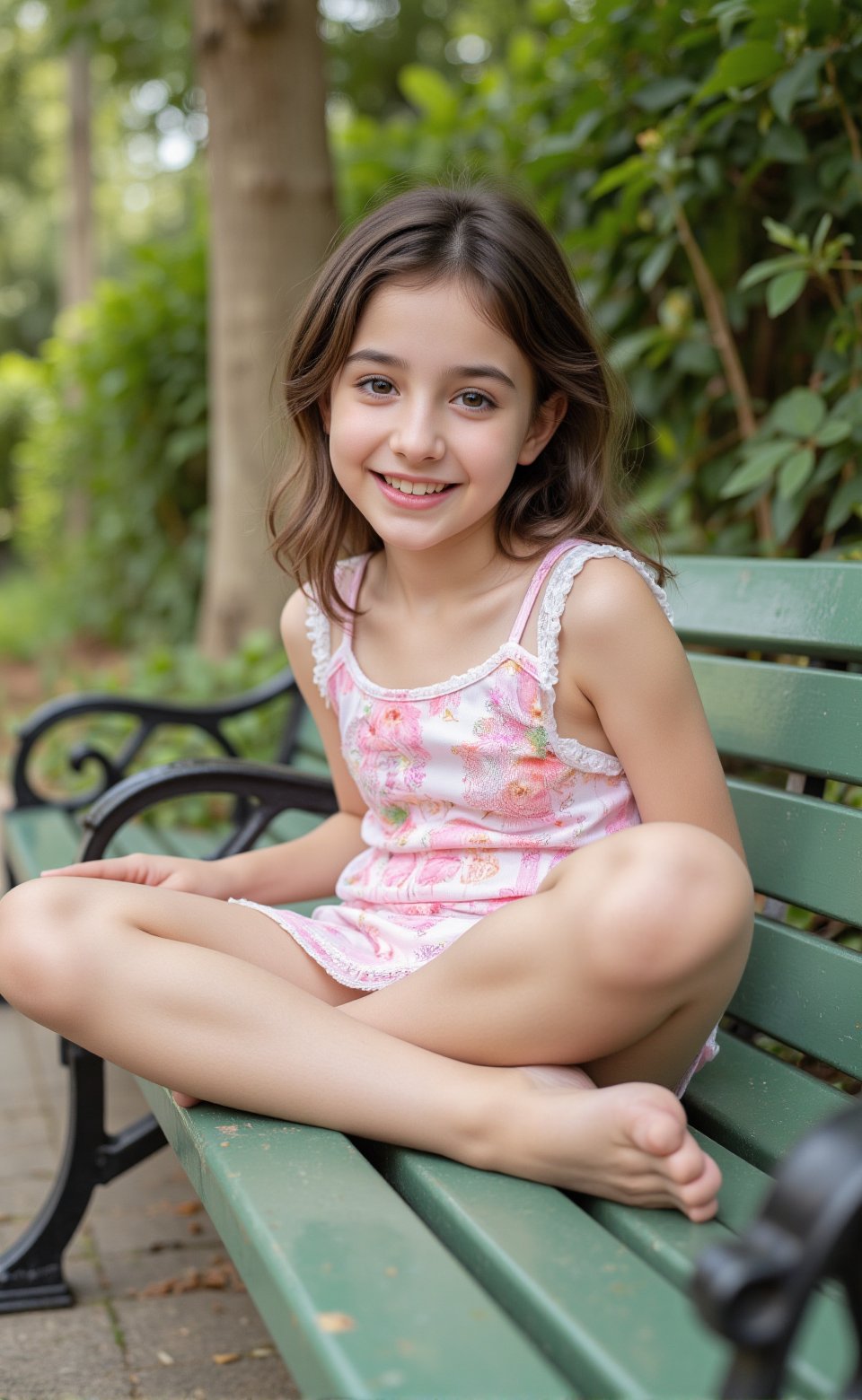 "Chloe, a 12-year-old with a petite and adorable frame, sitting joyfully at the bench. Seated with her legs spread out, her playful dress  has shifted, revealing a hint of her cute underwear. Chloe’s lively and enthusiastic nature adds to the fun atmosphere."