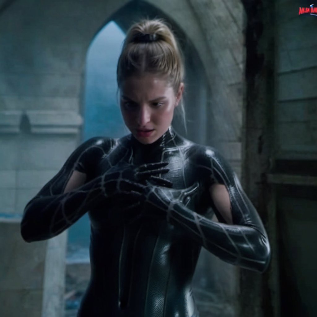 Sophia valverde angry rage ripping the black liquid latex symbiote slime , female , blonde hair , long hair, 1girl, symbiote tendrils, Spider-Man 3, realistic style, slim body shape, sexy female body, girl sexy, bell tower background ,  18 year old girl 