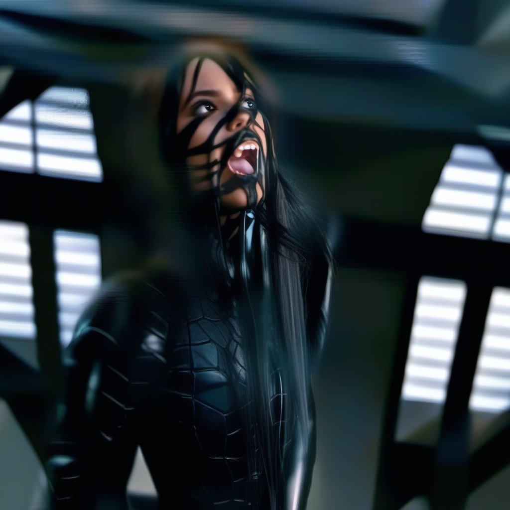  Jenna ortega angry rage ripping the black liquid latex symbiote slime , female body , black hair , long hair, 1girl, symbiote tendrils, realistic style, slim body shape, sexy female body, woman sexy, bell tower background , woman screaming , beautiful woman screaming