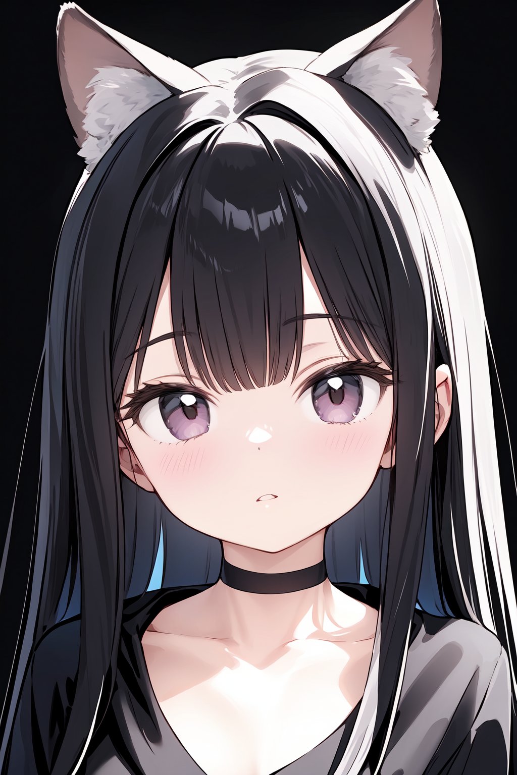 1girl, animal_ears, bangs, black_background, brown_background, choker, collarbone, facial_mark, grey_background, long_hair, looking_at_viewer, parted_lips, portrait, simple_background, solo