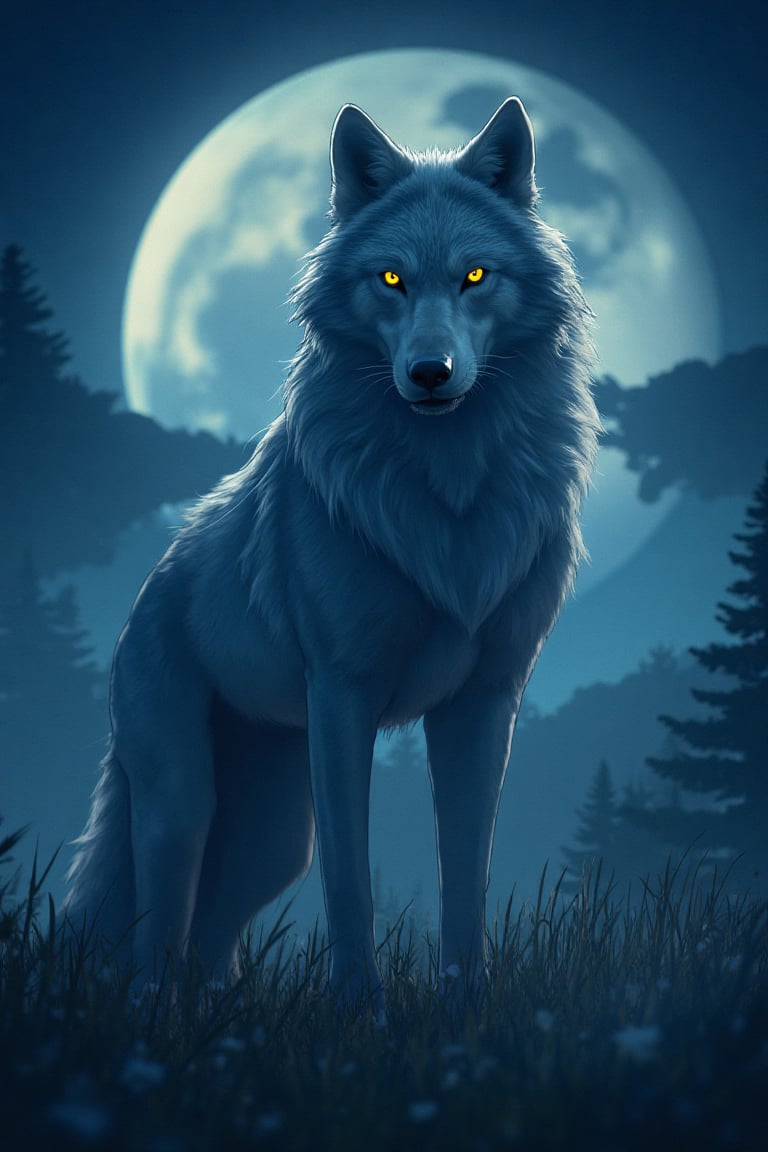 A majestic lunar wolf stands tall on a moonlit meadow, its fur glistening with an ethereal glow. The shot frames the wolf's regal visage, illuminated by the soft, silver light of the full moon casting an otherworldly ambiance. Its piercing yellow eyes seem to gaze directly into the soul, as if sharing ancient secrets.