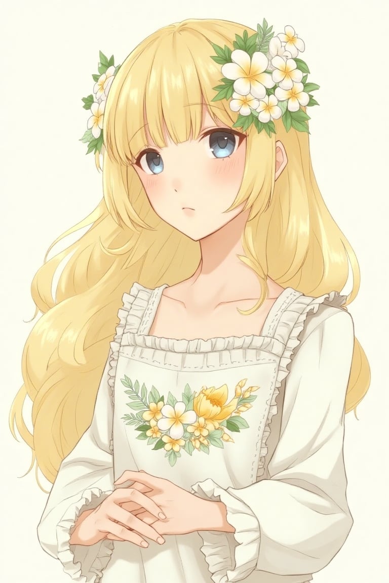 masterpiece, top quality, best quality, official art, beautiful and aesthetic:1.2), extreme detailed. 1 girl, long blonde hair, flowers and leaves entwined within her tresses, shades of white and yellow, wearing white top, ruffled detailing, embroidered pastel color floral chest motif, sleeves billowing at shoulders, tapering to wrists, hands clasped, soft and delicate aesthetic, intricate details in hair and clothing, light-hued background, subject focused, digital painting,more detail XL,watercolor \(medium\), in the style of esao andrews,