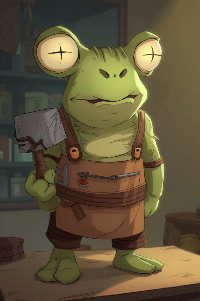 Cute alien frog from Griftlands, short stocky with large expressive eyes, small mouth, and a friendly expression. Wearing a smith's apron, holding a hammer. Soft pastel colors, gentle lighting. Centered composition, playful and whimsical atmosphere.