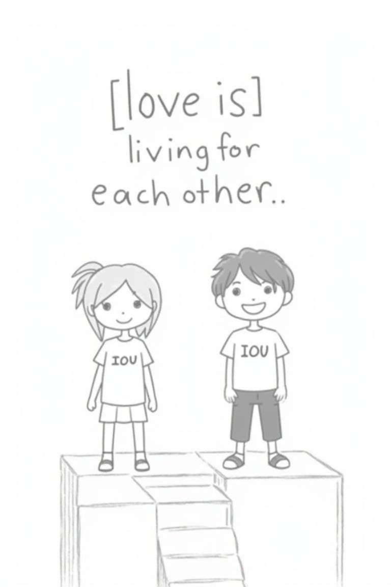 A black and white cartoon drawing of a boy and a girl standing on a raised platform with the words "IOU" written on their shirts. The boy has short black hair and a big smile on his face. The girl has short brown hair. The background is a solid white. At the top of the image, the word "love is" is written in a bold black font. Below the words, "living for each other."