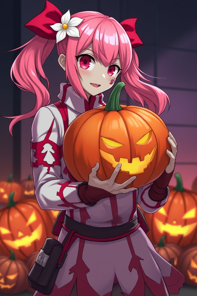 Halloween dark scene. This is a digital illustration in an anime-style, featuring a dynamic and action-packed scene. The artwork is vibrant and detailed, with a mix of traditional and modern elements. The central figure is a young woman with long, flowing pink hair adorned with a red ribbon and a white flower headpiece. She is zombie has large, expressive red eyes and is dressed in a striking, futuristic outfit: a white and red armor-like suit with intricate diamond patterns on her arms and legs, reminiscent of a zombi samurai warrior.  Halloween big pumkin. Hold pumkin. She smile.