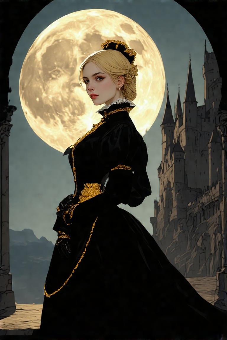 roboquest. Elegantism, opulent scene, full portrait of a Victorian lady, heroic, black clothes, gold trim, full moon, castle, head and shoulders portrait, 8k resolution. (masterpiece, top quality, best quality, official art, beautiful and aesthetic:1.2), (1girl:1.4), upper body, blonde hair, portrait, extreme detailed, in the style of esao andrews,style,oil paint ,concept,fantasy