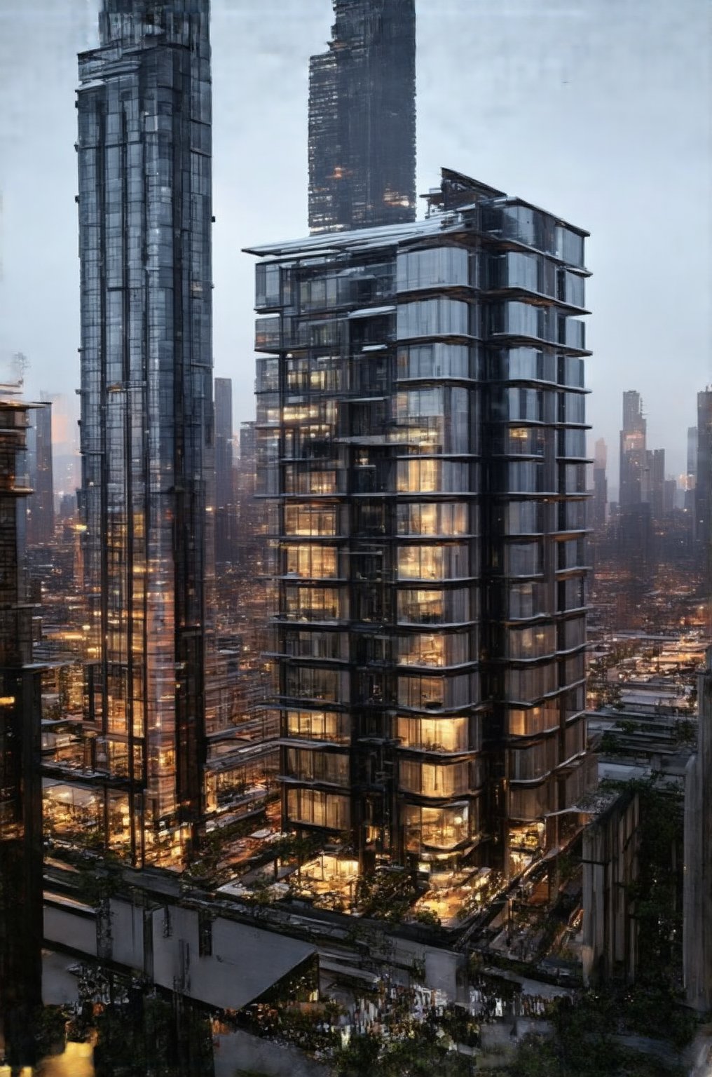 In a bold low-angle shot, the glassy façade of the New Colony's sleek building rises vertically into the sky, its sharp lines and reflective surfaces piercing through the urban void. The busy streets and surrounding buildings blur in the background, framing the subject as a beacon amidst the vibrant cityscape. Stacked windows reflect the steel giants of skyscrapers, while modern architecture meets avant-garde design.,Newcolony,Horizontal