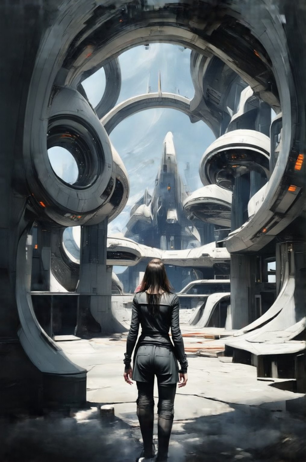 concept art, portrait  1girl wearing black sci-fi clothes, futuristic,, style by Nirav Patel,symmetrical fractal megastructure  Colossal scale, cinematic, wide angle, dramatic lighting, perfect focus, depth of field the view from afar,Look at the camera