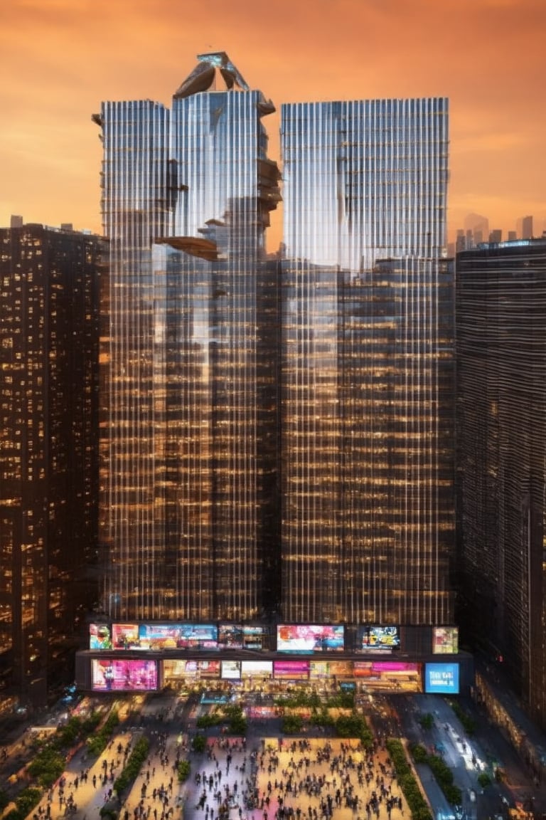 A futuristic cityscape at dusk: Framed by a vast, orange-hued sky, sleek skyscrapers rise like shards of glass, their neon-illuminated exteriors casting a kaleidoscope of colors across the streets. Towering buildings with reflective facades mirror the vibrant hues, as slender poles supporting holographic advertisements slice through the air. Busy pedestrians from diverse backgrounds converge on the city's pulsating heart, energized by the symphony of sounds and lights that fill the void.