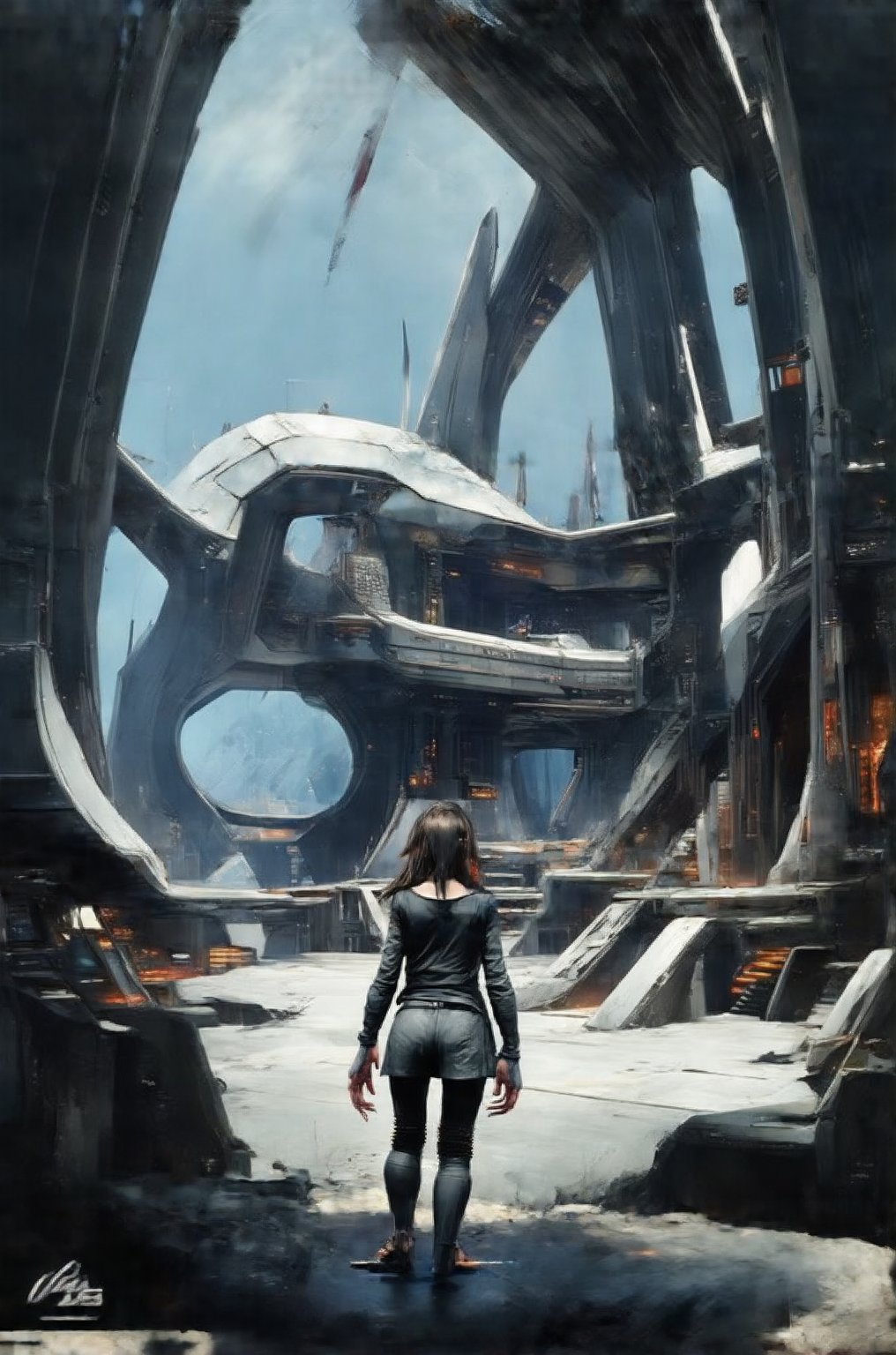 concept art, portrait  1girl wearing black sci-fi clothes, futuristic,, style by Nirav Patel,symmetrical fractal megastructure  Colossal scale, cinematic, wide angle, dramatic lighting, perfect focus, depth of field the view from afar,Look at the camera