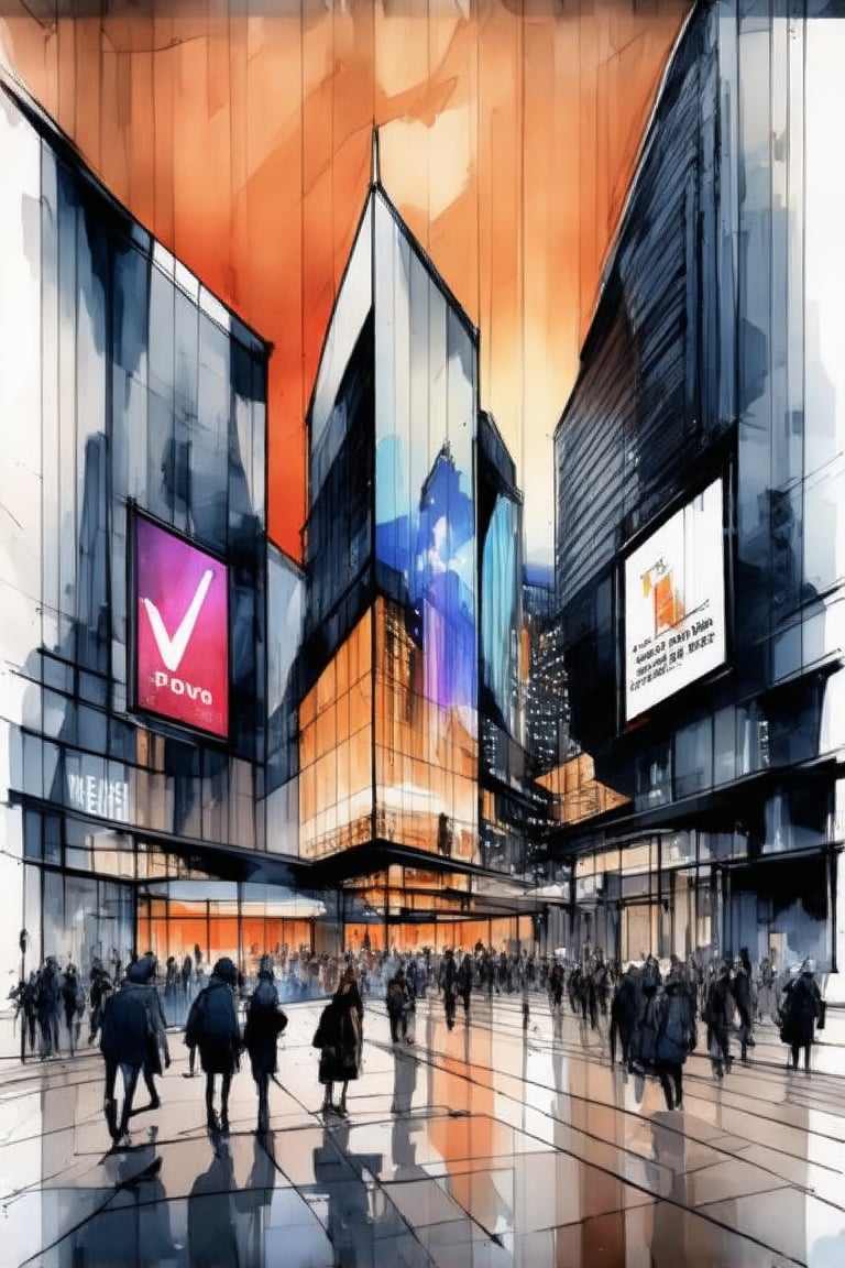 Panoramic shot of a futuristic metropolis at dusk, as the orange-tinged sky casts a warm glow on sleek skyscrapers with neon-lit exteriors. Cobblestone streets reflect vibrant colors from refracted light, while mirrored facades of towering buildings amplify hues. Holographic advertisements suspended above pedestrians from diverse backgrounds converge on the city's pulsing heart, energized by harmonious sounds and lights.,futureurbanday,archmarkerpen,archwatercolor