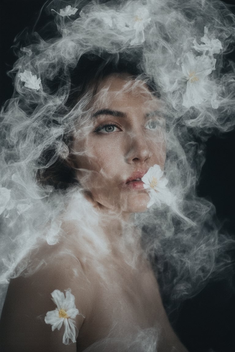 A dreamy portrait of a woman emerges from a swirling vortex of black and white smoke, as if conjured by the ethereal dance of embers. Her features are shrouded in mystery, with delicate petals of surrealistic flowers floating around her head like wisps of thought. The composition is set against a soft, faizian haze, with warm lighting that casts a mesmerizing glow on her enigmatic face.