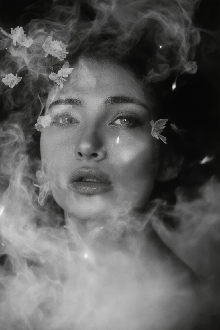 A dreamy portrait of a woman emerges from a swirling vortex of black and white smoke, as if conjured by the ethereal dance of embers. Her features are shrouded in mystery, with delicate petals of surrealistic flowers floating around her head like wisps of thought. The composition is set against a soft, faizian haze, with warm lighting that casts a mesmerizing glow on her enigmatic face.