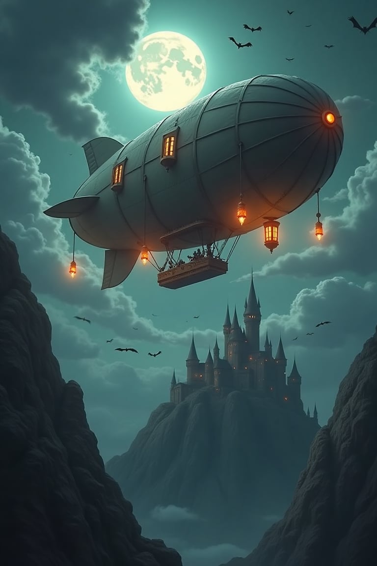 Beautiful steampunk merchant blimp flying under a shining moon and above cotton like silvery clouds with oli lanterns swinging from its sides, the blimp is heading towards a dark castle atop a mountain and is followed by a swarm of red eyed bats, moody, dark, athmospheric, realistic, 